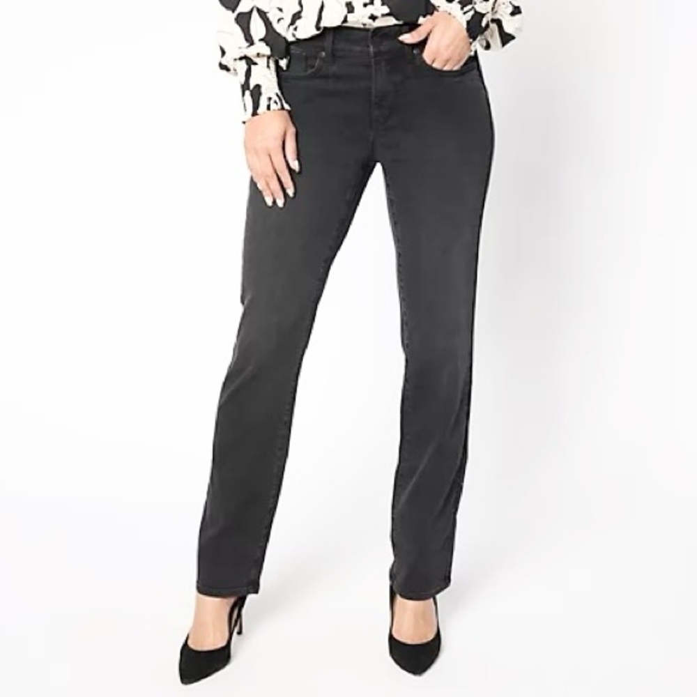 NYDJ 10 Marilyn Straight Women’s Jeans Faded Black Stretch Slimming Mid Rise